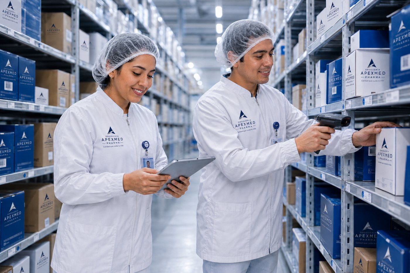 Personal de Droguería APEXMED PHARMA revisando el inventario en el almacén, junto a cajas de producto farmacéutico